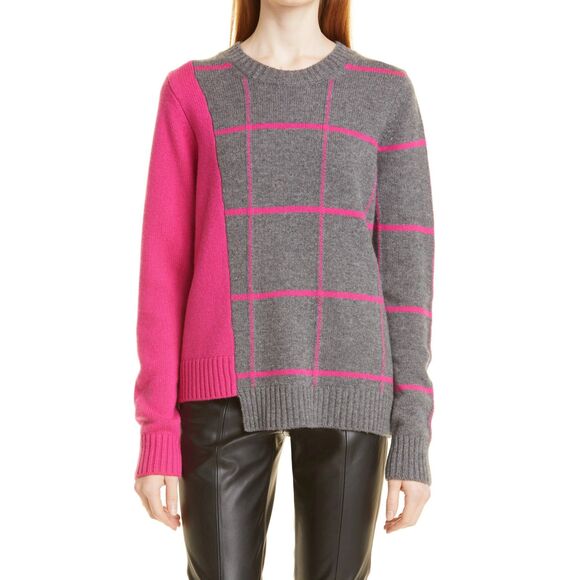 MILLY Intarsia Windowpane Sweater in Grey & Hot Pink Wool Cashmere Blend Size S - Picture 3 of 15